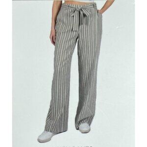NEW Striped Women's L Green Linen-Blend Wide-Leg Pants W/Belt SoundStyle J1079